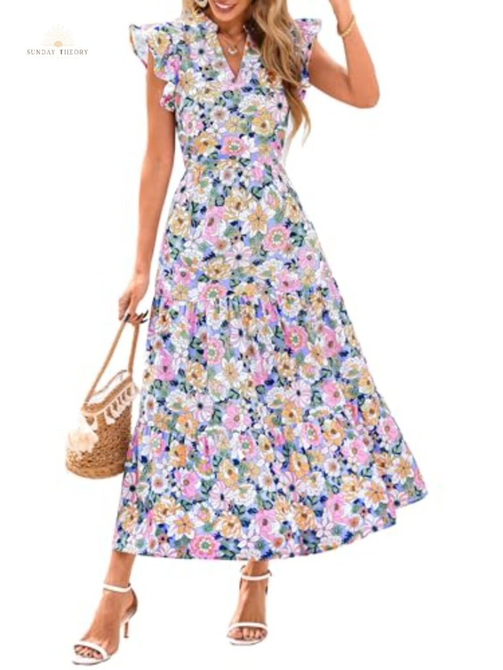 Women's Boho Floral Print Midi Dress Cap Sleeve V-Neck Flowy A-Line Tiered